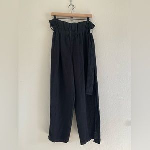 Black Crane Linen Tied Paperbag Straight Leg Pants Elastic Waist Sz Small Black